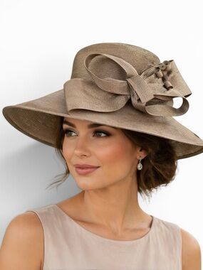 Fine Millinery August Accessories Women’s Taupe Wide Brim Derby Church Hat Bow